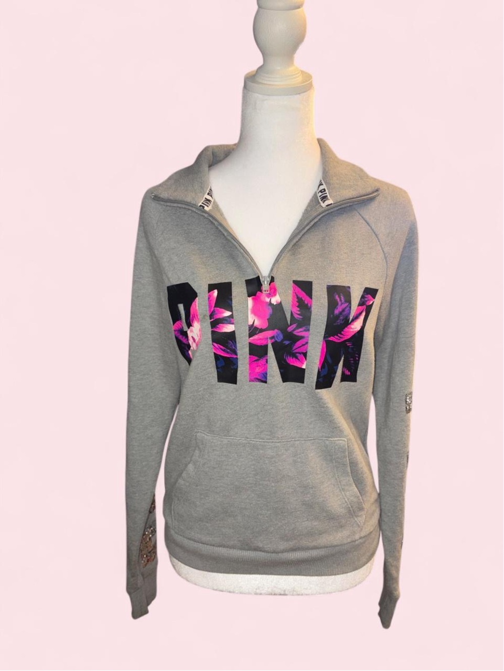 PINK Victoria's Secret Gray Quarter-Zip Pullover with Pink Floral Logo